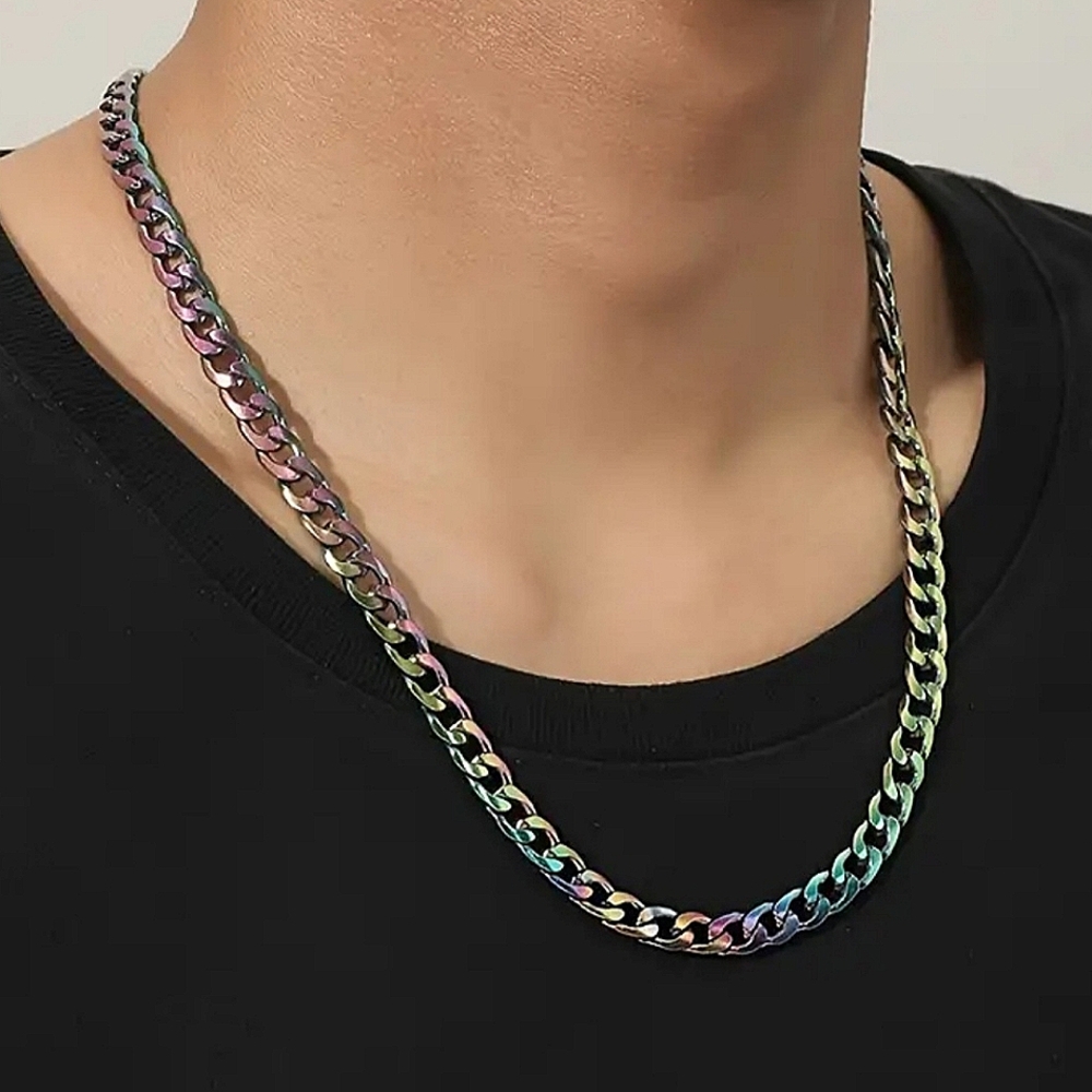 New! MEN'S Black Rainbow Stainless Steel Cuban Link Chain Necklace.
